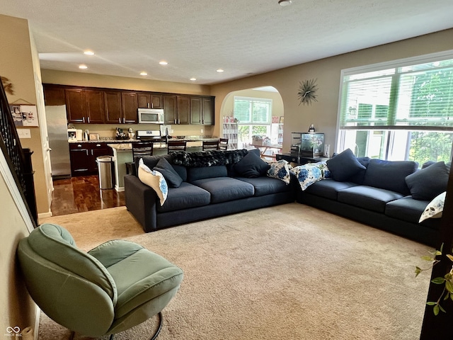 1518 Valdarno Dr, Greenwood, IN 46143 - living area featuring arched walkways, recessed lighting, and a textured ceiling