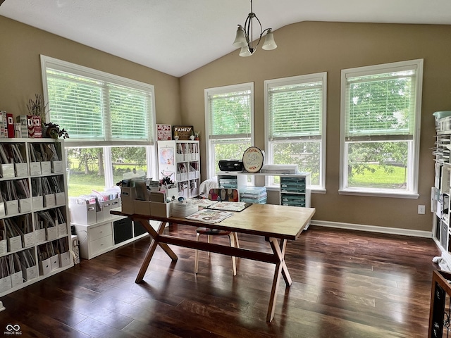 1518 Valdarno Dr, Greenwood, IN 46143 - home office with lofted ceiling, dark wood-style floors, plenty of natural light, and a chandelier