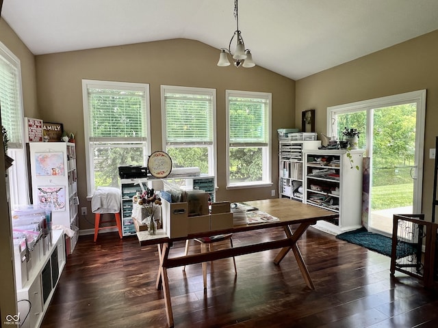 1518 Valdarno Dr, Greenwood, IN 46143 - office area featuring a chandelier, wood finished floors, and lofted ceiling