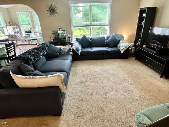 1518 Valdarno Dr, Greenwood, IN 46143 - living area featuring carpet floors and arched walkways