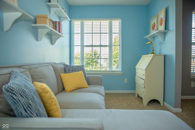living area featuring carpet and baseboards