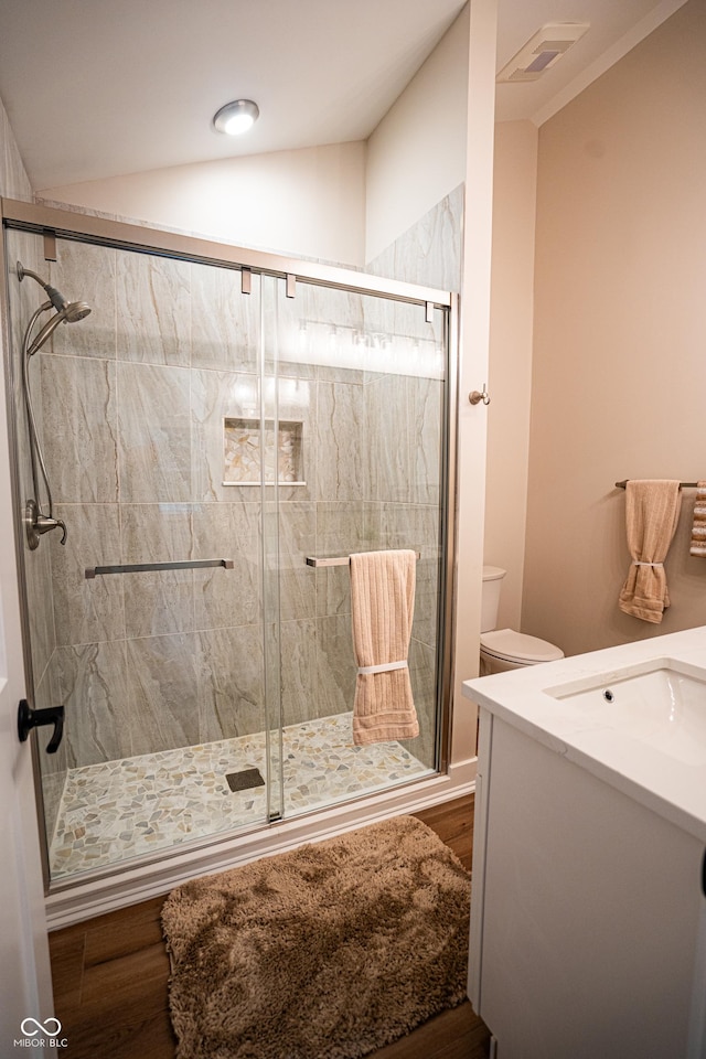 3463 Plum Creek Rd, Nashville, IN 47448 - full bathroom featuring wood finished floors, vanity, a stall shower, toilet, and lofted ceiling