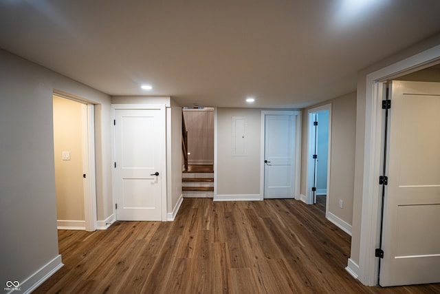 3463 Plum Creek Rd, Nashville, IN 47448 - below grade area with wood finished floors, baseboards, recessed lighting, and electric panel