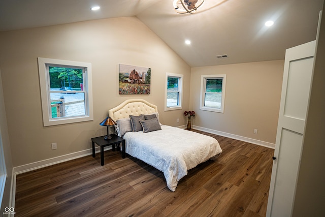 3463 Plum Creek Rd, Nashville, IN 47448 - bedroom featuring lofted ceiling, dark wood-style floors, multiple windows, baseboards, and recessed lighting