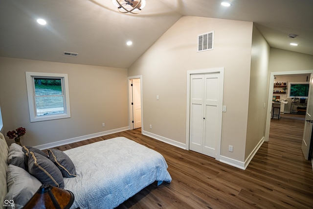 3463 Plum Creek Rd, Nashville, IN 47448 - bedroom with dark wood-style flooring, baseboards, high vaulted ceiling, and recessed lighting