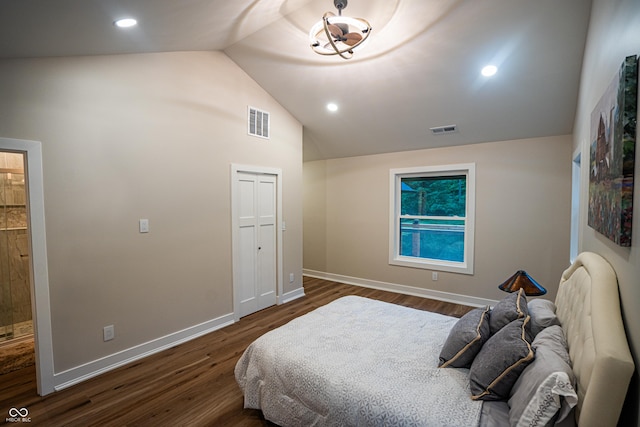 3463 Plum Creek Rd, Nashville, IN 47448 - bedroom featuring lofted ceiling, dark wood finished floors, baseboards, a closet, and recessed lighting