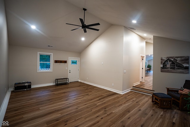 3463 Plum Creek Rd, Nashville, IN 47448 - unfurnished living room featuring a ceiling fan, dark wood finished floors, high vaulted ceiling, baseboards, and recessed lighting