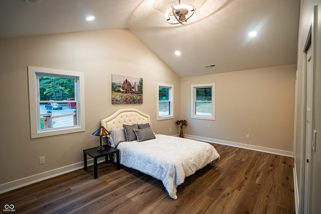 3463 Plum Creek Rd, Nashville, IN 47448 - bedroom featuring vaulted ceiling, dark wood-style floors, baseboards, and recessed lighting