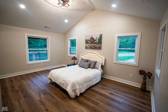 3463 Plum Creek Rd, Nashville, IN 47448 - bedroom featuring vaulted ceiling, dark wood-style flooring, baseboards, and recessed lighting