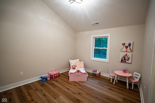 3463 Plum Creek Rd, Nashville, IN 47448 - rec room featuring wood finished floors, baseboards, and lofted ceiling