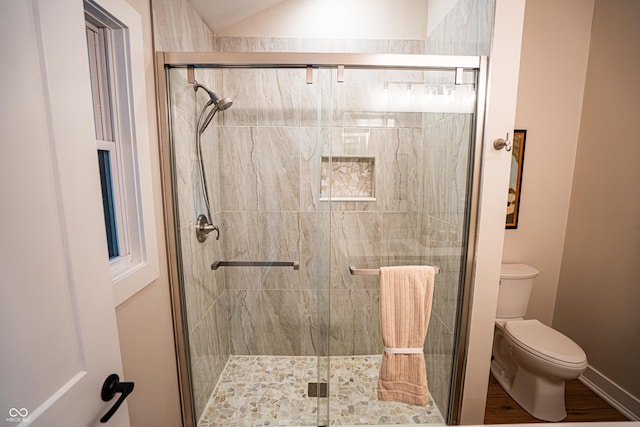3463 Plum Creek Rd, Nashville, IN 47448 - bathroom with toilet, a shower stall, and lofted ceiling