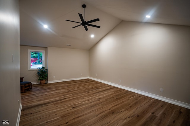 3463 Plum Creek Rd, Nashville, IN 47448 - empty room featuring a ceiling fan, dark wood-style floors, recessed lighting, baseboards, and high vaulted ceiling