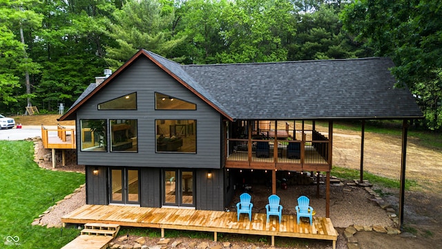3463 Plum Creek Rd, Nashville, IN 47448 - back of house featuring roof with shingles, a deck, and french doors