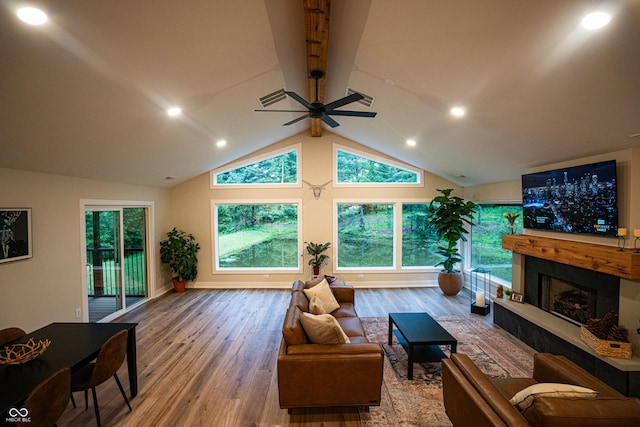 3463 Plum Creek Rd, Nashville, IN 47448 - living room with ceiling fan, a fireplace, wood finished floors, recessed lighting, and beam ceiling