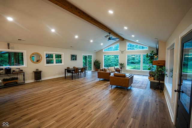 3463 Plum Creek Rd, Nashville, IN 47448 - living area featuring wood finished floors, ceiling fan, baseboards, french doors, and recessed lighting