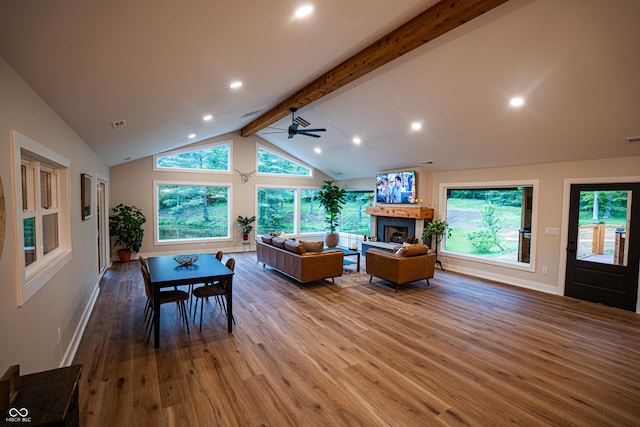 3463 Plum Creek Rd, Nashville, IN 47448 - living area featuring wood finished floors, ceiling fan, healthy amount of natural light, a fireplace, and recessed lighting