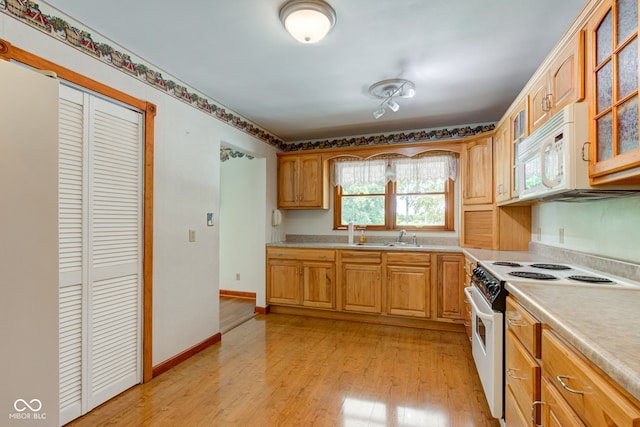 132 S First St, Jamestown, IN 46147 - kitchen featuring white appliances, light countertops, glass insert cabinets, light wood-style floors, and a sink