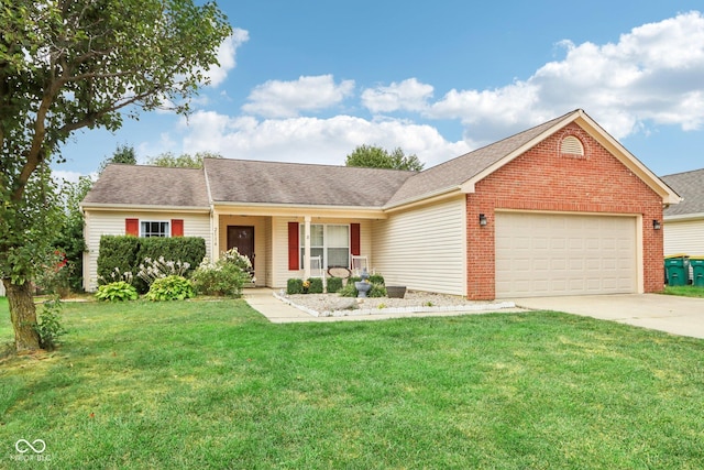 2114 Turning Leaf Dr, Franklin, IN 46131 - ranch-style home featuring an attached garage, a porch, a front lawn, driveway, and brick siding