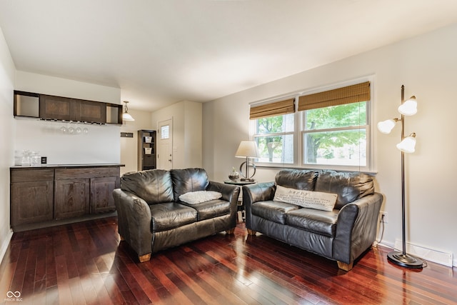 7935 N County Road 650 E, Brownsburg, IN 46112 - living room featuring dark wood-type flooring, bar, and a baseboard radiator