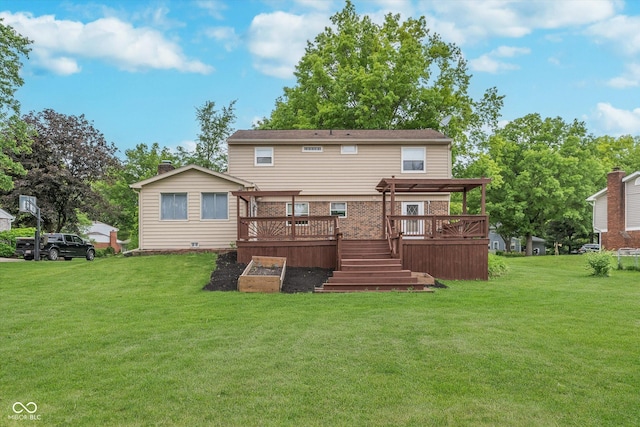 8205 Picadilly Ln, Indianapolis, IN 46256 - rear view of house featuring a wooden deck, a lawn, stairway, and brick siding
