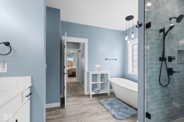 4545 Caroline Grace Ln, Terre Haute, IN 47802 - ensuite bathroom with tiled shower, wood finished floors, a freestanding tub, and vanity
