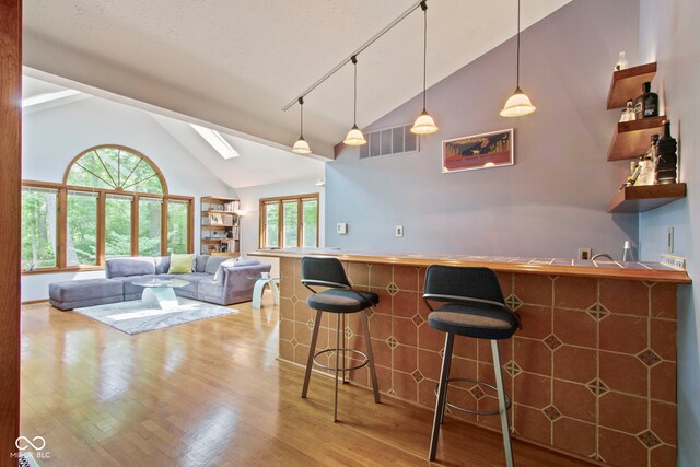 7426 Shadow Wood Dr, Indianapolis, IN 46254 - indoor wet bar featuring wood finished floors, high vaulted ceiling, track lighting, and hanging light fixtures