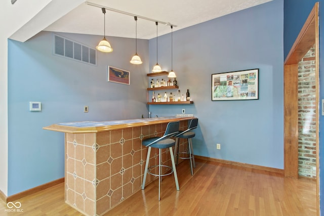 7426 Shadow Wood Dr, Indianapolis, IN 46254 - indoor wet bar with rail lighting, wood finished floors, baseboards, and pendant lighting