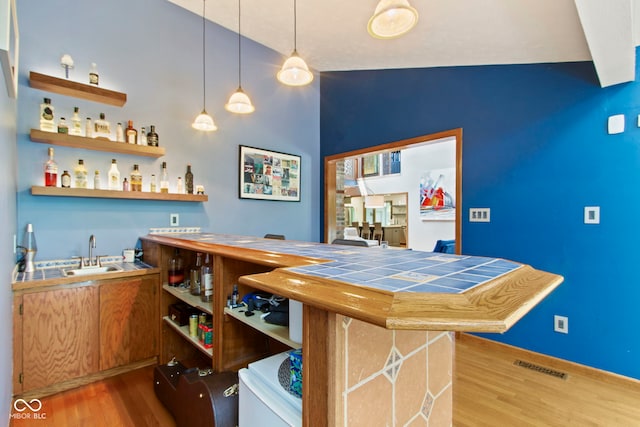 7426 Shadow Wood Dr, Indianapolis, IN 46254 - indoor wet bar featuring wood finished floors and decorative light fixtures