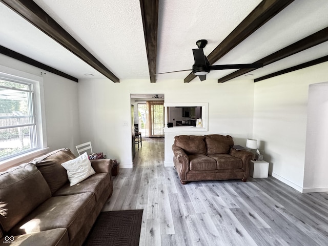 1206 Mcdougal St, Indianapolis, IN 46203 - living room featuring beam ceiling, light wood-style flooring, baseboards, ceiling fan, and a textured ceiling