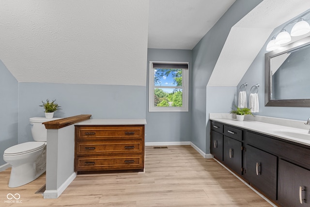 7630 Blain Way, Indianapolis, IN 46254 - bathroom with wood finished floors, vanity, vaulted ceiling, toilet, and baseboards