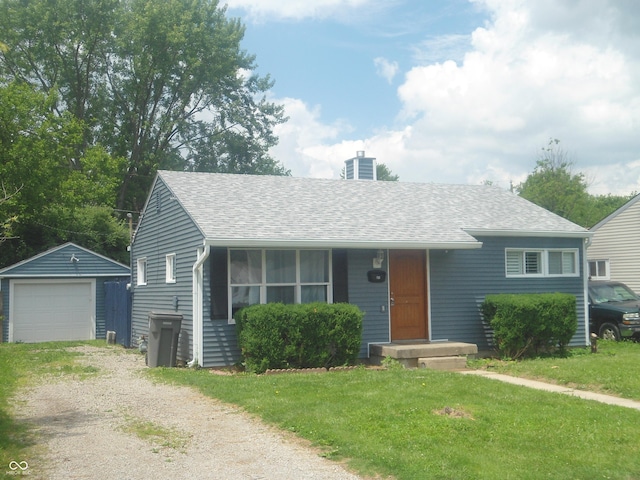 view of front of home with dirt driveway, a chimney, an outdoor structure, a garage, and roof with shingles