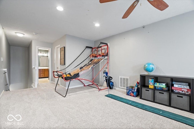 1905 Persimmon Grove Dr, Indianapolis, IN 46234 - workout room with carpet flooring, baseboards, a ceiling fan, and recessed lighting
