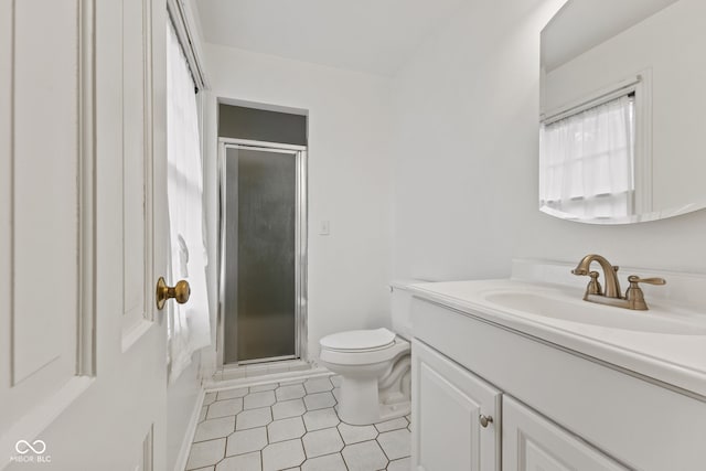 308 Hickory Hill Dr, Terre Haute, IN 47802 - bathroom with a stall shower, vanity, toilet, and tile patterned flooring