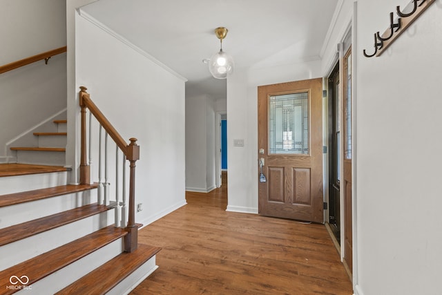 308 Hickory Hill Dr, Terre Haute, IN 47802 - entrance foyer with wood finished floors, baseboards, and stairs