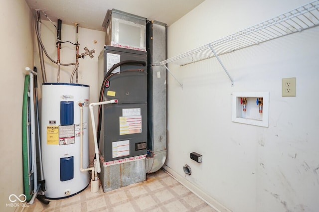 11198 N 650 W, Fountaintown, IN 46130 - washroom featuring electric water heater, tile patterned floors, hookup for a washing machine, electric dryer hookup, and heating unit