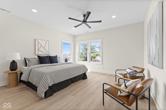 1405 Deloss St, Indianapolis, IN 46201 - bedroom with baseboards, light wood-style flooring, recessed lighting, and ceiling fan