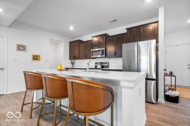 6507 W Whispering Way, Greenfield, IN 46140 - kitchen with stainless steel appliances, a center island with sink, light wood-style flooring, light countertops, and recessed lighting