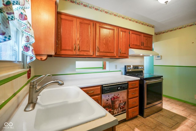 6133 Ashway Ct, Indianapolis, IN 46224 - kitchen featuring dishwasher, stainless steel electric range, under cabinet range hood, and light countertops