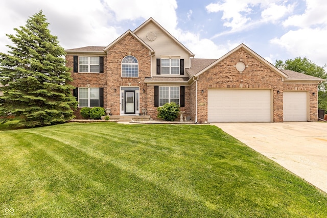 2096 Whitetail Ct, Avon, IN 46123 - view of front facade with concrete driveway, a front yard, a garage, brick siding, and a shingled roof