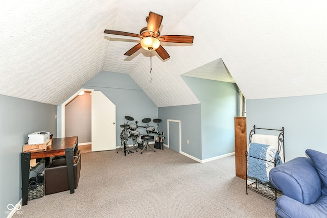 6580 Kings Ct, Avon, IN 46123 - office area featuring vaulted ceiling, carpet flooring, a ceiling fan, and a textured ceiling