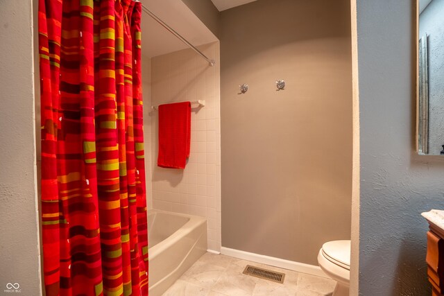 131 Olde Mill Bay, Indianapolis, IN 46260 - bathroom featuring toilet, shower / tub combo, vanity, tile patterned floors, and baseboards