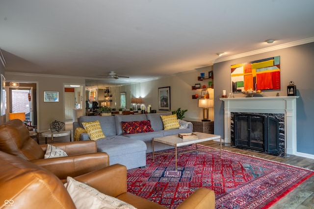 131 Olde Mill Bay, Indianapolis, IN 46260 - living room with ornamental molding, wood finished floors, plenty of natural light, a fireplace, and ceiling fan