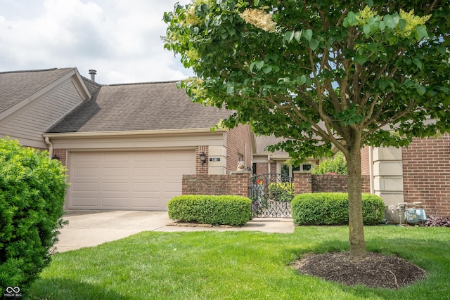 131 Olde Mill Bay, Indianapolis, IN 46260 - obstructed view of property with brick siding, a garage, concrete driveway, and a front yard