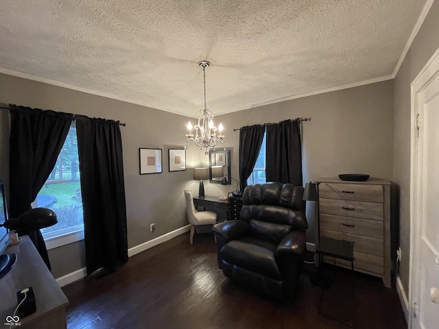 9467 N Michigan Rd, Fairland, IN 46126 - sitting room featuring wood finished floors, a chandelier, a textured ceiling, ornamental molding, and baseboards