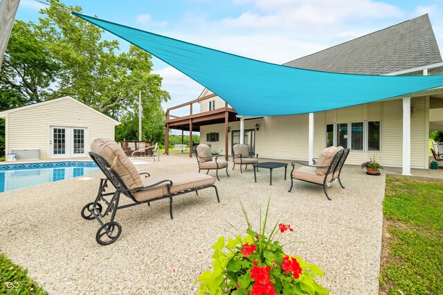 5439 E Kinderhook Rd, Scottsburg, IN 47170 - outdoor pool featuring an outbuilding, a patio area, an exterior structure, and an outdoor living space