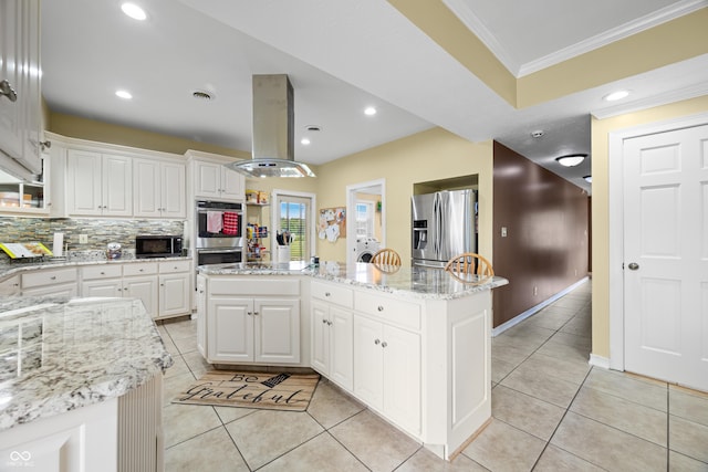 5439 E Kinderhook Rd, Scottsburg, IN 47170 - kitchen with black appliances, a center island, island exhaust hood, ornamental molding, and white cabinetry