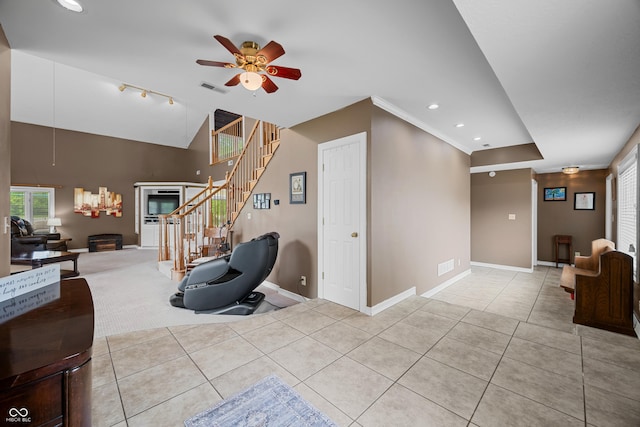 5439 E Kinderhook Rd, Scottsburg, IN 47170 - living room with ceiling fan, stairs, light tile patterned floors, baseboards, and recessed lighting