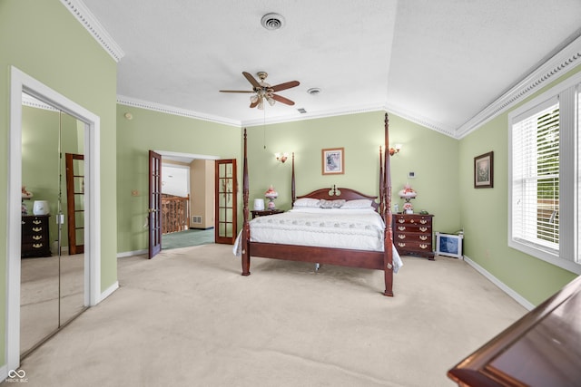 5439 E Kinderhook Rd, Scottsburg, IN 47170 - carpeted bedroom with ornamental molding, lofted ceiling, baseboards, and ceiling fan