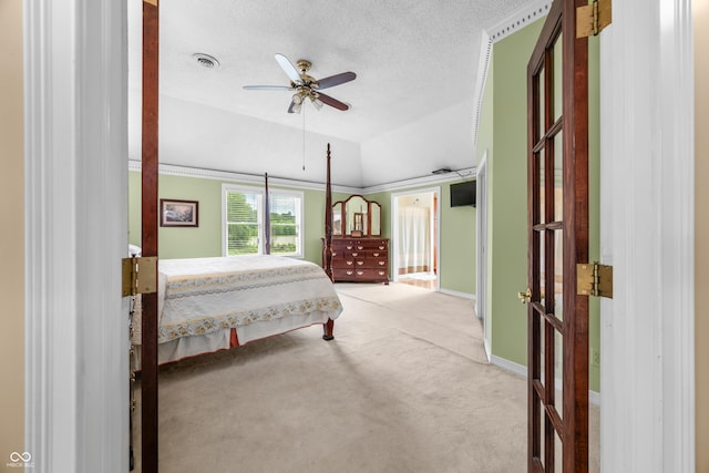 5439 E Kinderhook Rd, Scottsburg, IN 47170 - carpeted bedroom with a textured ceiling, vaulted ceiling, baseboards, and ceiling fan