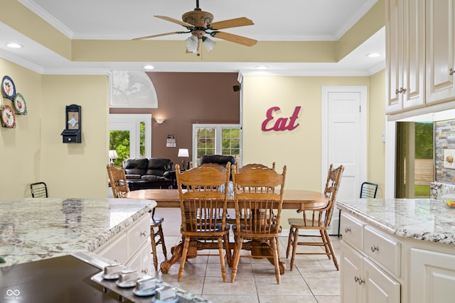 5439 E Kinderhook Rd, Scottsburg, IN 47170 - dining area with a ceiling fan, ornamental molding, light tile patterned floors, recessed lighting, and a raised ceiling